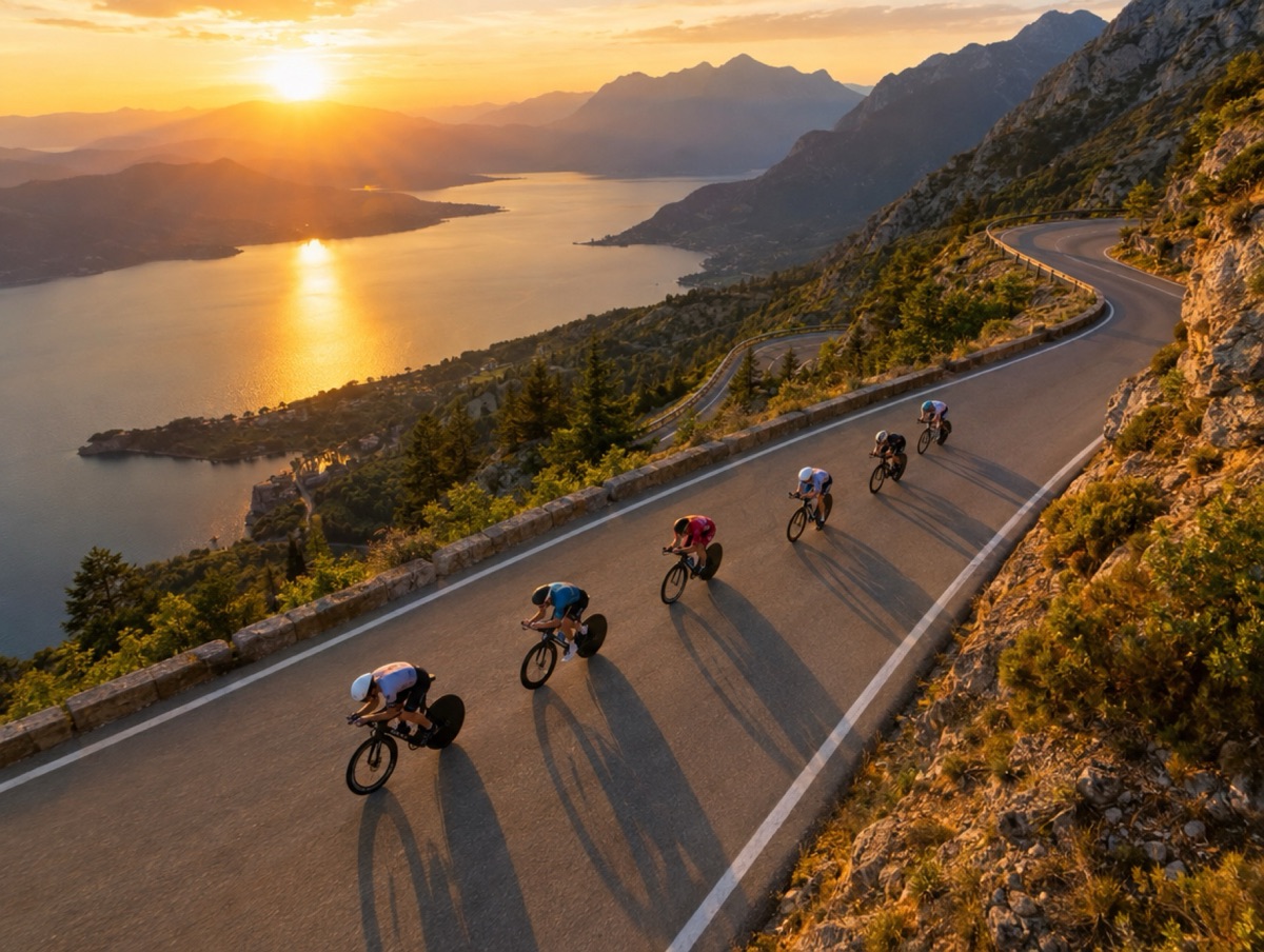 Aerial view of cyclists racing a winding mountain road