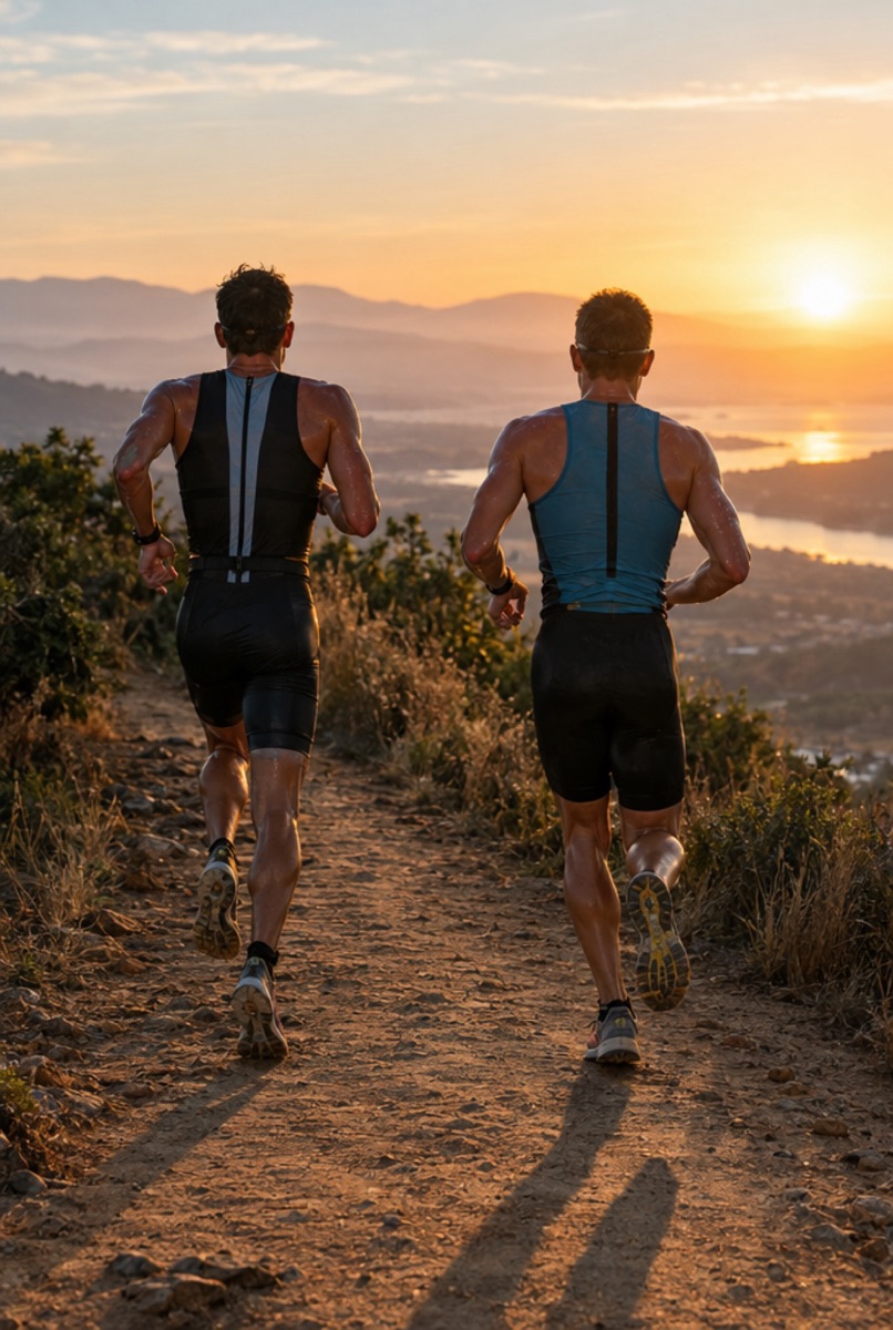 Two triathletes running side by side on a trail at sunrise