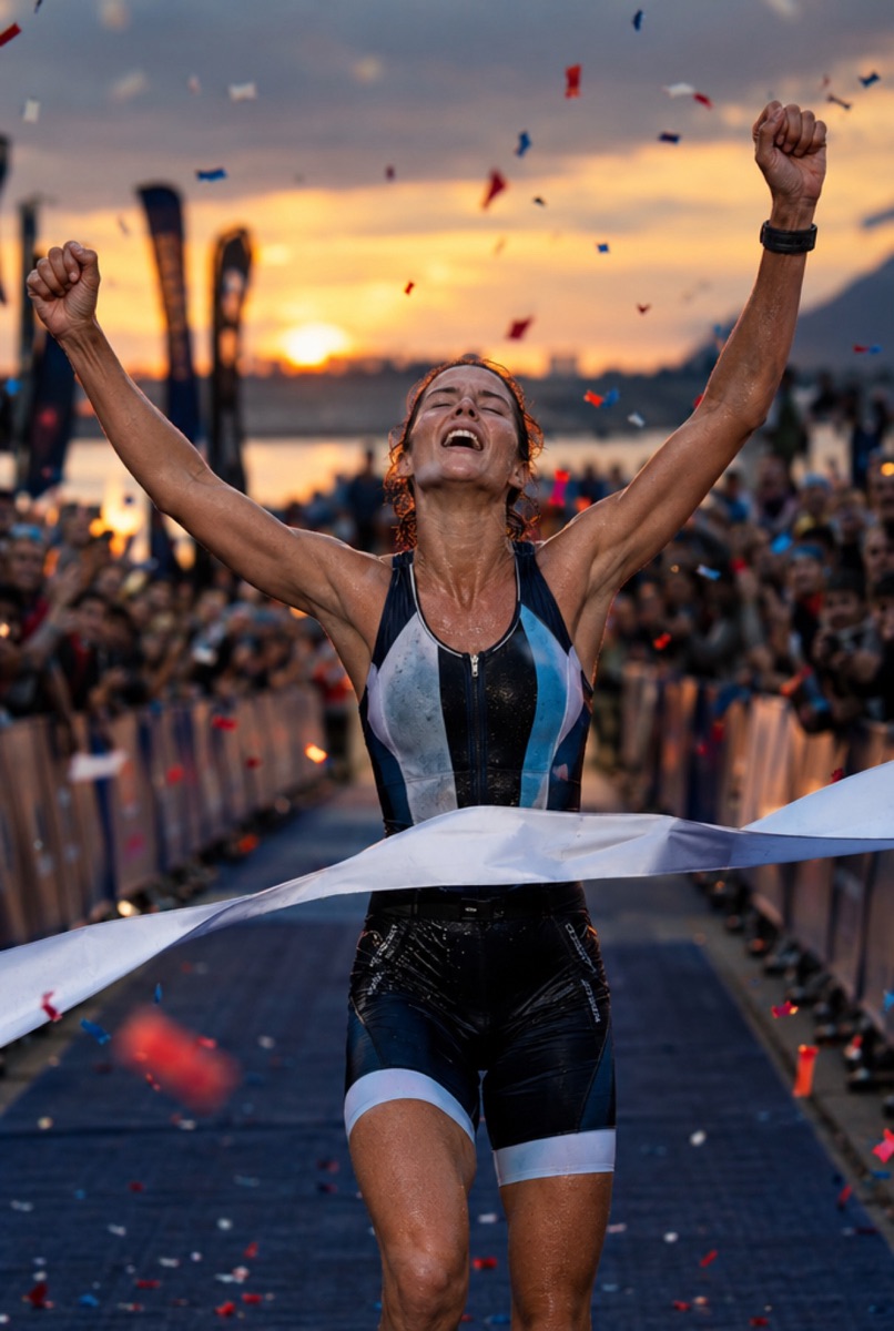 Triathlete crossing the finish line with arms raised