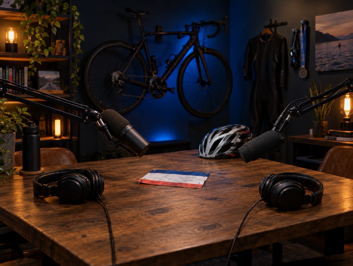 Podcast studio with two microphones, headphones, a bike helmet and a road bike on the wall
